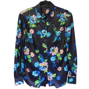 Vtg 70s Black Pink Floral Print Shirt Satin Stretch Retro Boho Womens Top Medium